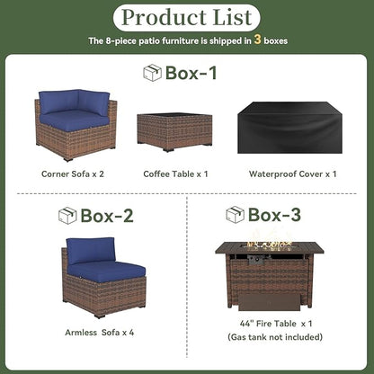 Aoxun 8-Piece Outdoor Patio Furniture Set - 44” Fire Pit Table, Durable Wicker Rattan Sectional Sofa with Coffee Table, Comfy Thickened Cushions, Blue (Waterproof Cover Included)