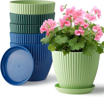 Plastic Plant Pots, 6 Pack 7.5 Inch Flower Pots with Drainage Holes and Saucer, Planters for Indoor Outdoor Plants, Stylish Decor for Home and Garden(Blue, Green, Dark Green)