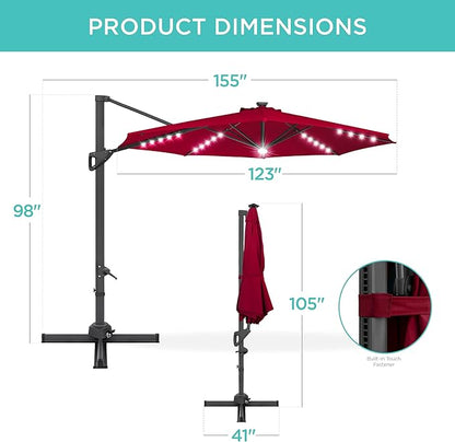 Best Choice Products 10ft Solar LED Cantilever Patio Umbrella, 360-Degree Rotation Hanging Offset Market Outdoor Sun Shade for Backyard, Deck, Poolside w/Lights, Easy Tilt, Cross Base