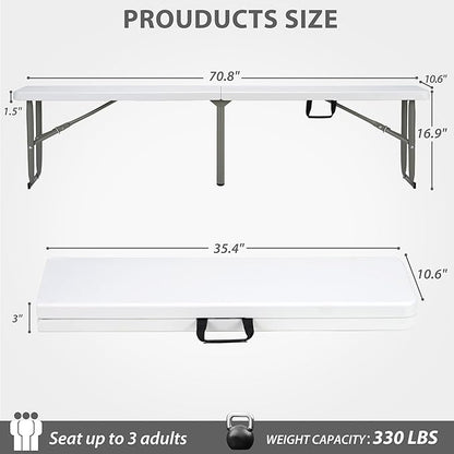 6ft Plastic Folding Bench with Carrying Handle & Lock, Portable Outdoor Bench in Garden Picnic Camping Dining Party Seat, Waterproof Bench for Soccer Activities, Firm and Durable (2Pack A)