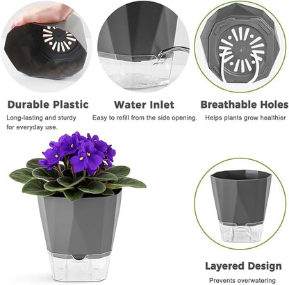 5 Pack Self Watering Pots for Indoor Plants, 6.7 Inches Self Watering Planters African Violet Pots Clear Pots for Herb Orchid Flower Houseplant, Dark Grey