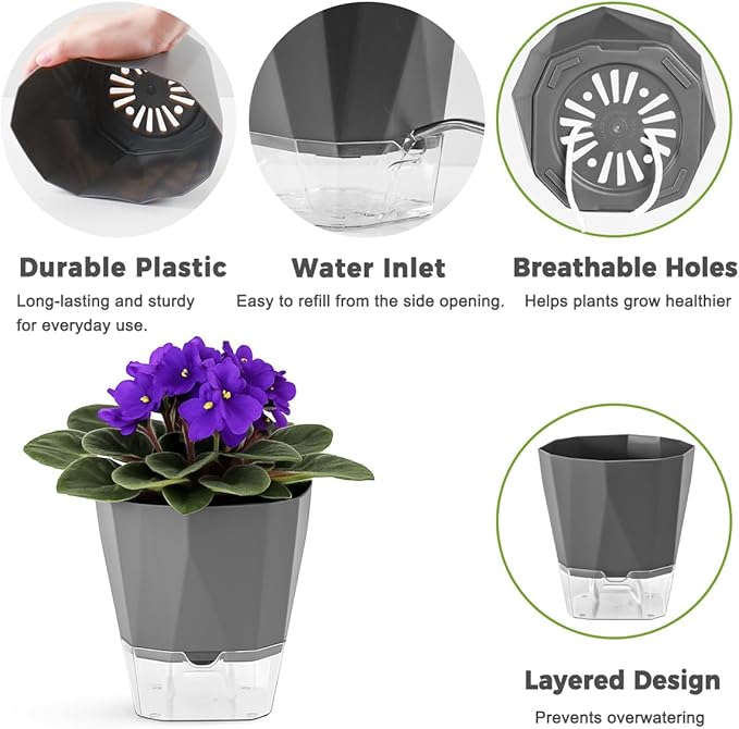 6 Pack Self Watering Plant Pots 8.4" Self Watering Planters for Indoor and Outdoor Plants African Violet Self Watering Clear Pots for Plants Large Herb Orchid Flower Houseplant Pots, Dark Grey
