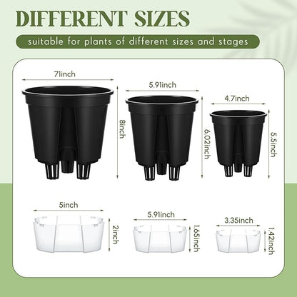 Self Watering Pots for Indoor Plants with Deep Reservoir and High Drainage Holes for Outdoor Plants and Flowers, Bare Root Planter(4.72'', 5.91'', 7.09'',Black,9 Pcs)