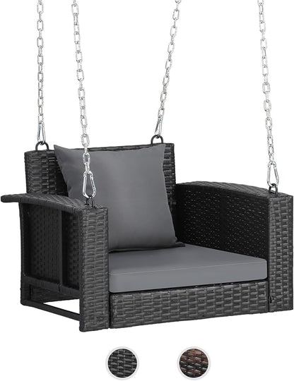 VINGLI 2.2 FT 1-Person Use Rattan Porch Swing Outdoor Support 440 LBS with Cushions & Adjustable Chains, Patio Wicker Swing Bench Chair for Garden, Yard, Lawn, Tree, Black