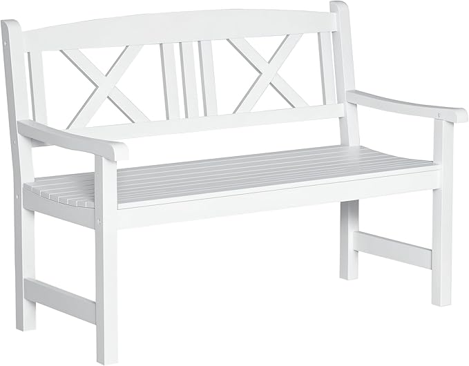 Outsunny 2-Seater Wooden Garden Bench, 4FT Outdoor Patio Loveseat with Unique X-Shape Back for Yard, Lawn, Porch, White
