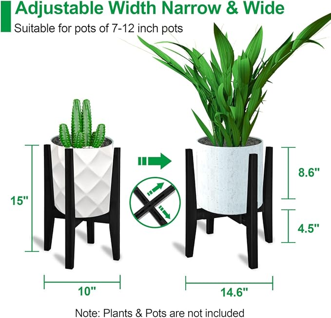 OERGKE 2 Pack Plant Stand Indoor, Adjustable Bamboo Mid Century Modern Plants Stands, Corner Flower Holder for Living Room, Fits 8 to 12 Inches Pots, (Pot & Plant Not Included)(Black)