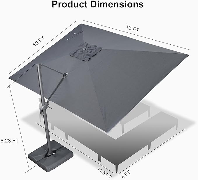 PURPLE LEAF 10' X 13' Rectangle Patio Umbrella with Base Outdoor Large Aluminum Cantilever Umbrella with 3-Year Fade Resistance Recycled Fabric and 360-degree Rotation for Deck Pool Garden, Mist Grey