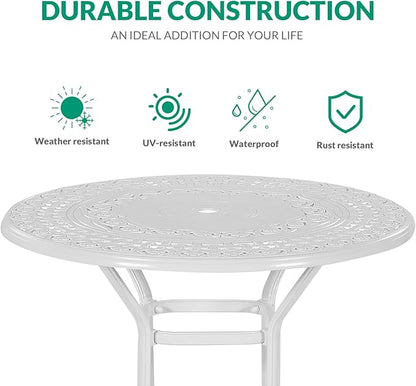 VIVIJASON 5-Piece Patio Swivel Bar Stools Set, All Weather Cast Aluminum Outdoor Bar Height Bistro Set with 4 Cushioned Bar Chairs & 38.5" High Bar Table w/Umbrella Hole for Backyard, Lawn, White