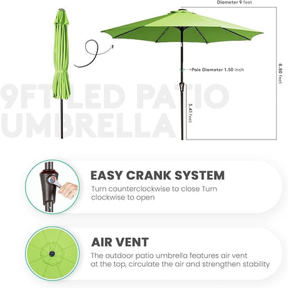 JEAREY 9FT Outdoor Patio Umbrella with Solar Lights, LED Lighted Pool Umbrella with Tilt and Crank, Outdoor Table Umbrellas for Deck, Yard & Market (Grass Green)