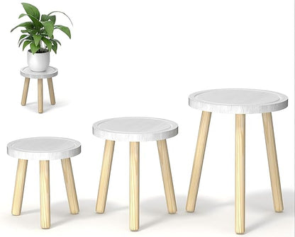 3-Pack Wood Plant Stands Indoor, Single Plant Stand for 6-12 Inch Pots, Mid-Century Modern Plant Stool, Tall Plant Stand for Large Plants for Living Room, Balcony, Office (White)