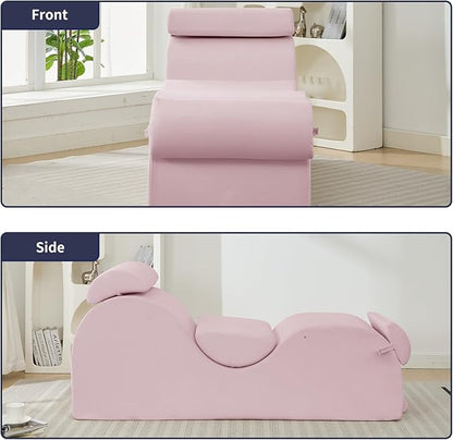 ijuicy Sleek Chaise Lounge Chair for Exercise, Indoor Lounger with Headrest, Waist Cushion, Movable Footrest, Side Pockets, Non-Slip Bottom, High Density Sponge, Pink