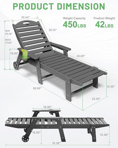 Lounge Chair Outdoor, Chaise Lounge Outdoor, HDPE 6-Position Lounge Chair for Outside, Patio Lounge Chair with Wheels & Cup Holder for Pool Poolside Deck Backyard, Darkgrey