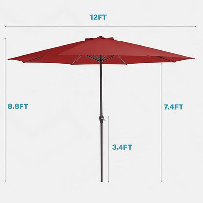 MEWAY 12ft Patio Umbrella Outdoor Table Umbrellas with Crank, Market Umbrella 8 Sturdy Ribs for Deck, Garden, Pool and Backyard, Red