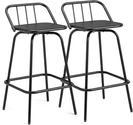 VINGLI 2 PCS Outdoor Swivel Bar Stools, 30 Inch Metal Barstools with Backrest & Footrest, 360° Rotating All-Weather Stools for Garden, Balcony, Kitchen Island (Black)