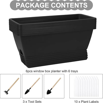 Window Box Planter, 6 Packs 17 Inches Rectangle Planters Box with Drainage Holes and Trays, Vegetable Planters for Windowsill Patio Garden Home Decor Porch Yard Dark Gray
