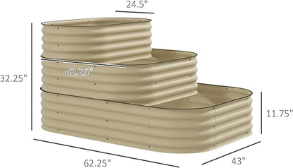 Outsunny 3-Tier Galvanized Steel Raised Garden Bed Kit, 62.25" x 43" x 32.25", 3 Combining Planter Boxes with Rubber Strip Edging, Open Bottom for Backyard, Garden, Patio, Cream White