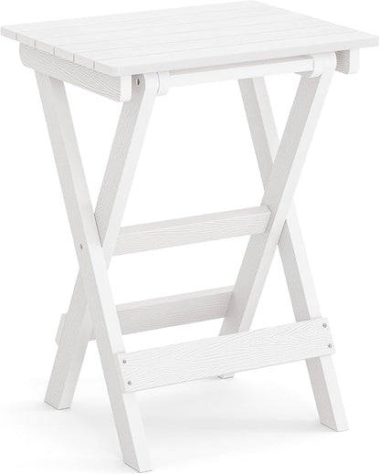 LUE BONA 27 inch Folding Side Table, HDPS Outside End Table for Patio, Porch, Deck, Pool, Weather Resistant, White