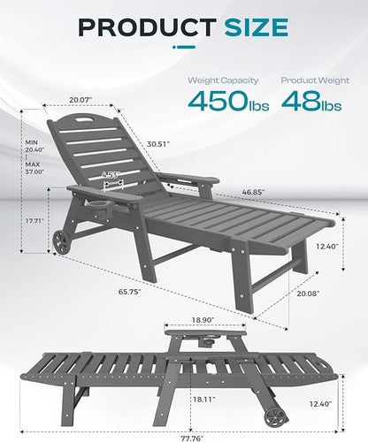 Ciokea Outdoor Lounge Chair Set of 4, All Weather Patio Chaise Lounge Chair for Outside, HDPE Chair with Rolling Wheels & Cup Holder, 5 Position, Deck, Pool, Dark Grey