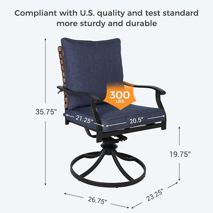 Grand patio 5-Piece Outdoor Dining Set, 4 Leather-Look Wicker Blue Swivel Patio Chairs & 1 Expandable Dining Table, Black