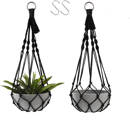 Artilady Black Plant Hanger Macrame Hanging Planter for Indoor Boho Plants Holder with Hooks Hanging Plant Basket Outdoor Window Wall Plants Home Decor (Black Macrame-2pcs)