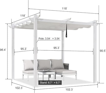 PURPLE LEAF 10' x 10' Aluminum Outdoor Pergola White Wind-Resistant Retractable Pergola with Double Sun Shade Canopy Heavy-Duty Metal Pergola for Patios Backyard Deck Garden, White