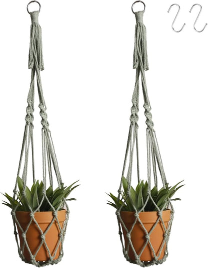 Artilady Macrame Hanging Planter for Indoor Plants, Boho Woven Plant Hanger Large Hanging Flower Pot Holders Outdoor Baskets Storage No Tassels Sage Green Wall Decor (Sage Green-2pcs)