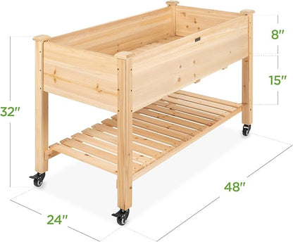 Best Choice Products Raised Garden Bed 48x24x32-inch Mobile Elevated Wood Planter w/Lockable Wheels, Storage Shelf, Protective Liner - Natural