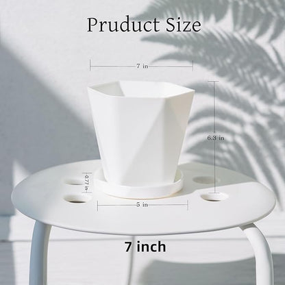 InmeRun Plant Pots Indoor Plastic Flower Pots Outdoor 7 inch Set of 6 Pack with Drainage Holes and Saucers for Garden Pots (7 in 6 White)