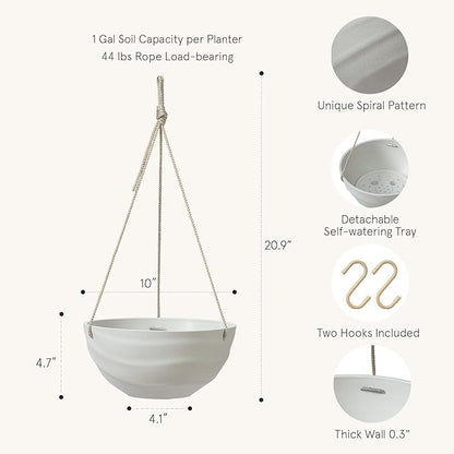 La Jolie Maison 10 Inch Hanging Planters for Indoor Plants, Outdoor Garden Planter Pots with Self-Watering Tray, Oatmeal, Set of 2