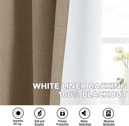 H.VERSAILTEX Linen Curtains 100% Blackout Curtains for Bedroom 84 inch Long Full Light Blocking Nature Linen Blended Window Curtains for Living Room Nickel Grommet (2 Panels, Heathered Macchiato)