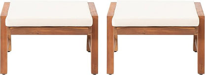 Temecula Outdoor Ottomans with Cushion (Set of 2) - Acacia Wood - Brown/Cream