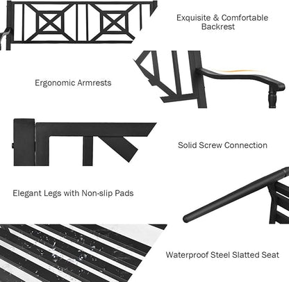 S AFSTAR Outdoor Garden Bench, Metal Porch Bench Seat with Slated Seat & Decorative Backrest, 2-Person Loveseat for Patio Garden, Powder Coated Iron Frame, Patio Bench Front Door Bench for Outside