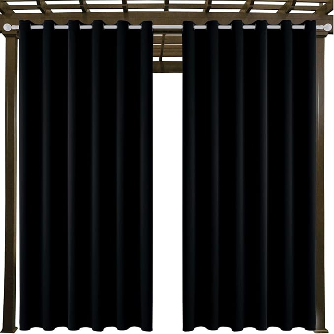 Water Proof Outside Curtains with Grommet Top for Porch, W84 x L120 Thermal Insulated Washable Light Block Outdoor Divider Drapes for Patio Gazebo Deck Pool Area Pergola Cabana (Black)