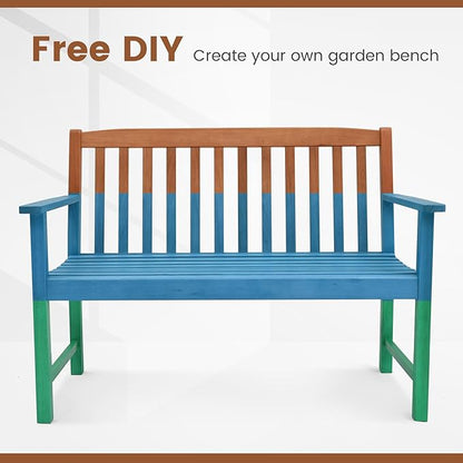Tangkula Outdoor Garden Bench, 2-Person Eucalyptus Wood Bench with Backrest, Armrests and Slatted Seat, Patio Garden Bench for Yard, Porch, 800 lbs Capacity, Natural