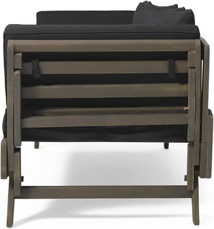 Merax Outdoor Patio Daybed Sofa,3-Seat Sofa with Foldable Arm 4 Back Pillows,Teak Acacia Wood Frame Beige Removable Cushion,Grey+Black