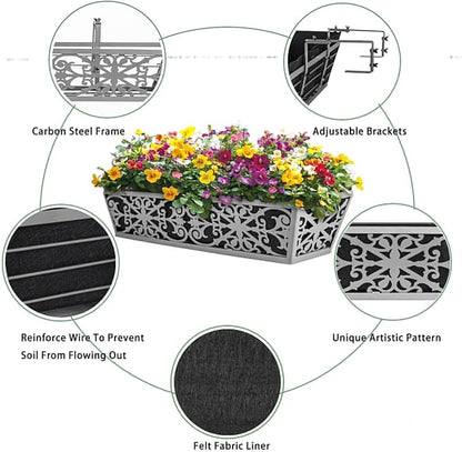 2 Pack 24 Inch Window Boxes Planter for Outdoor Plants Deck Railing Planters Box with Adjustable Brackets for Porch Fence Balcony Hanging Flower Baskets with Non-Woven Fabric Liner for Garden Decor