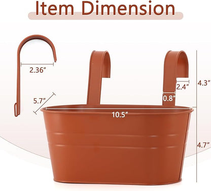 3 Pack Metal Railing Planters, 10.5" Oval Hanging Flower Pots with Detachable Hooks & Drainage Holes, Fits Rails up to 2.36", Galvanized Iron Fence Bucket for Balcony Garden Patio - Terracotta