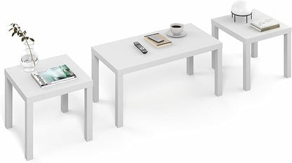 Furinno Classic Living Room Table Set of 3, Modern Rectangle Coffee Table with 2 Side Tables, End Tables, 1.65 Inch Thick Tabletop for Living Room, Home Office, White
