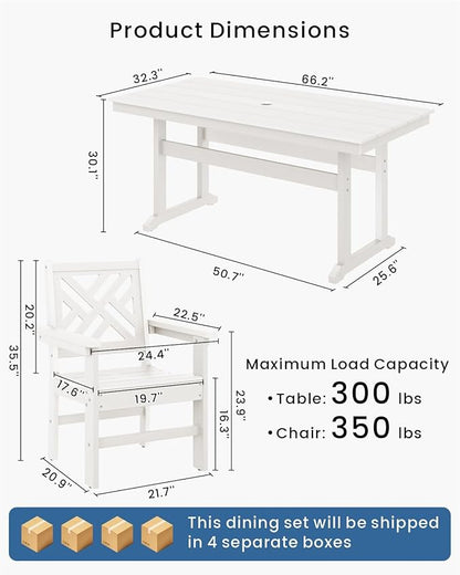 7-Piece Outdoor Dining Set, HDPE All-Weather Patio Table and Chairs Set for 6, Outdoor Patio Furniture Sets with Umbrella Hole for Outside, Deck, Backyard, Garden (White)