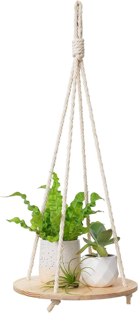 Dahey Hanging Plant Shelf Round Wood Rope Hanging Floating Shelf Boho Home Decor Display Planter Rack for Living Room Bedroom Kitchen Room,Nature