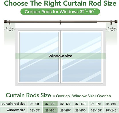Curtain Rods for Windows 48 to 84, 1 Inch Adjustable Heavy Duty Long Window Drapery Rods with End Caps, Indoor Outdoor Curtain Rod for Patio Bedroom, Size 32" - 90", Antique Bronze