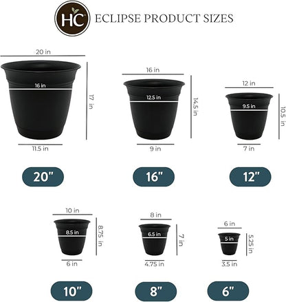 The HC Companies Eclipse Round Planter with Saucer - Outdoor & Indoor Plant Pot with Drainage Holes - Lightweight, UV-Resistant Plastic Pots for Plants, Flowers & Herbs (6" Black, Pack of 1)