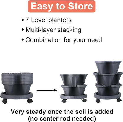 GameXcel Vertical Planter 7 Tier Stackable Planters Garden Planters Strawberry Herb Flower and Vegetable Planter Indoor Outdoor Gardening Pots with Removable Wheels and Tools - Dark Gray