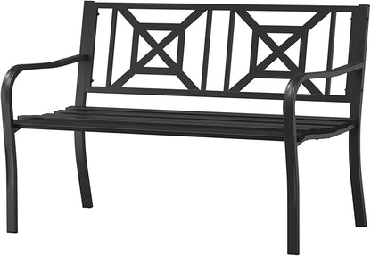 On Shine Patio Garden Bench,Outdoor Park Bench with Powder Coated Steel Frame, Elegant Loveseat with Square Pattern Backrest & Ergonomic Armrest for Outdoor Garden, Backyard, Lawn, Porch