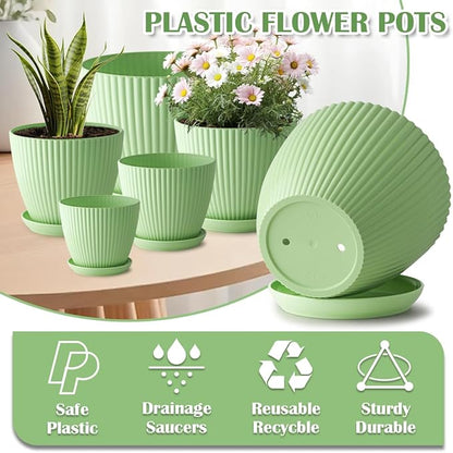 7.5/6.5/5.5/4.9/4.2/3.5 Inch Plant Pots with Saucers & Drain Holes - Indoor/Outdoor Flower Pots for Succulents, Herbs, Cactus - Modern Lightweight Durable Planter Set, Green