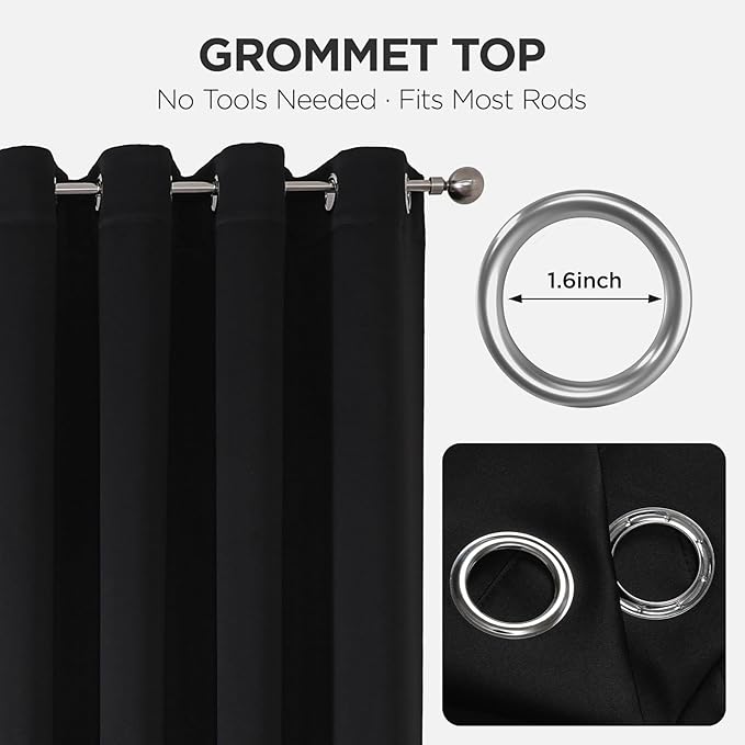 Joydeco Blackout Patio Sliding Door Curtains 108 Inches Long, Grommet Privacy Room Divider Curtains, Extra Wide Thermal Blackout Drapes for Bedroom Living Room (Black, 60Wx108L, 1 Panel)