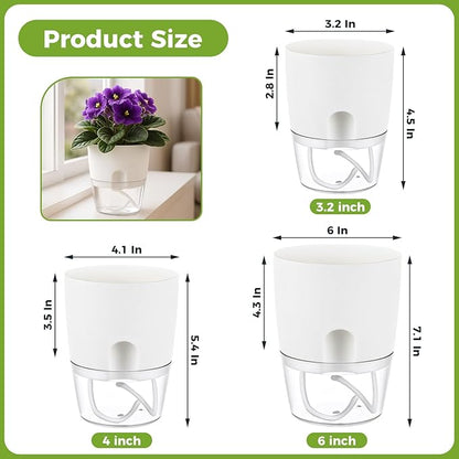 Planterhoma 5 Pack Self Watering Pots for Indoor Plants, 4 Inch Plant Pot Plastic Self Watering Planter for Orchid, African Violet, Small Clear Flower Pots with Drainage Holes and Wicking Rope, White