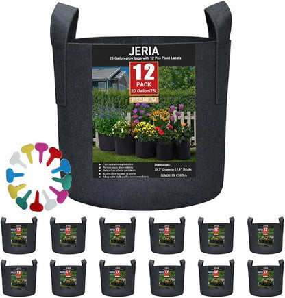 JERIA 12-Pack 20 Gallon Grow Bags, 300G Thickened Nonwoven Garden Pots,Heavy Duty Fabric Pots with Reinforced Handles