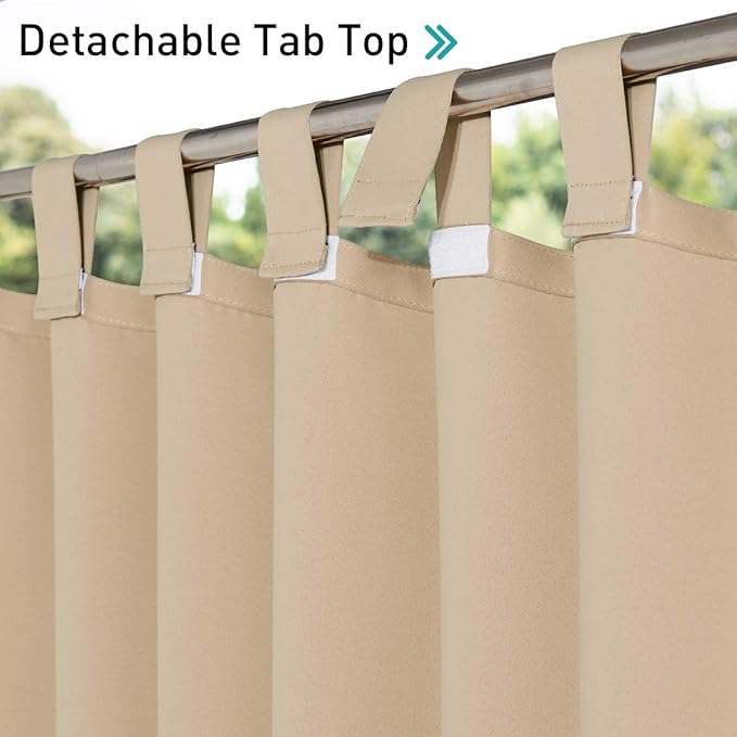 NICETOWN 2 Panels Detachable Sticky Tab Top Thick Outdoor Curtains for Patio Waterproof, W52 x L108, Triple Weave Sun Block Wind Prevention, Thick Enough Protect You from Sun/Rain, Biscotti Beige