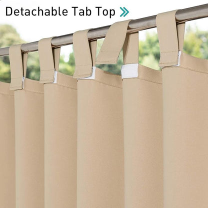 NICETOWN 2 Panels Detachable Sticky Tab Top Thick Outdoor Curtains for Patio Waterproof, W52 x L108, Triple Weave Sun Block Wind Prevention, Thick Enough Protect You from Sun/Rain, Biscotti Beige